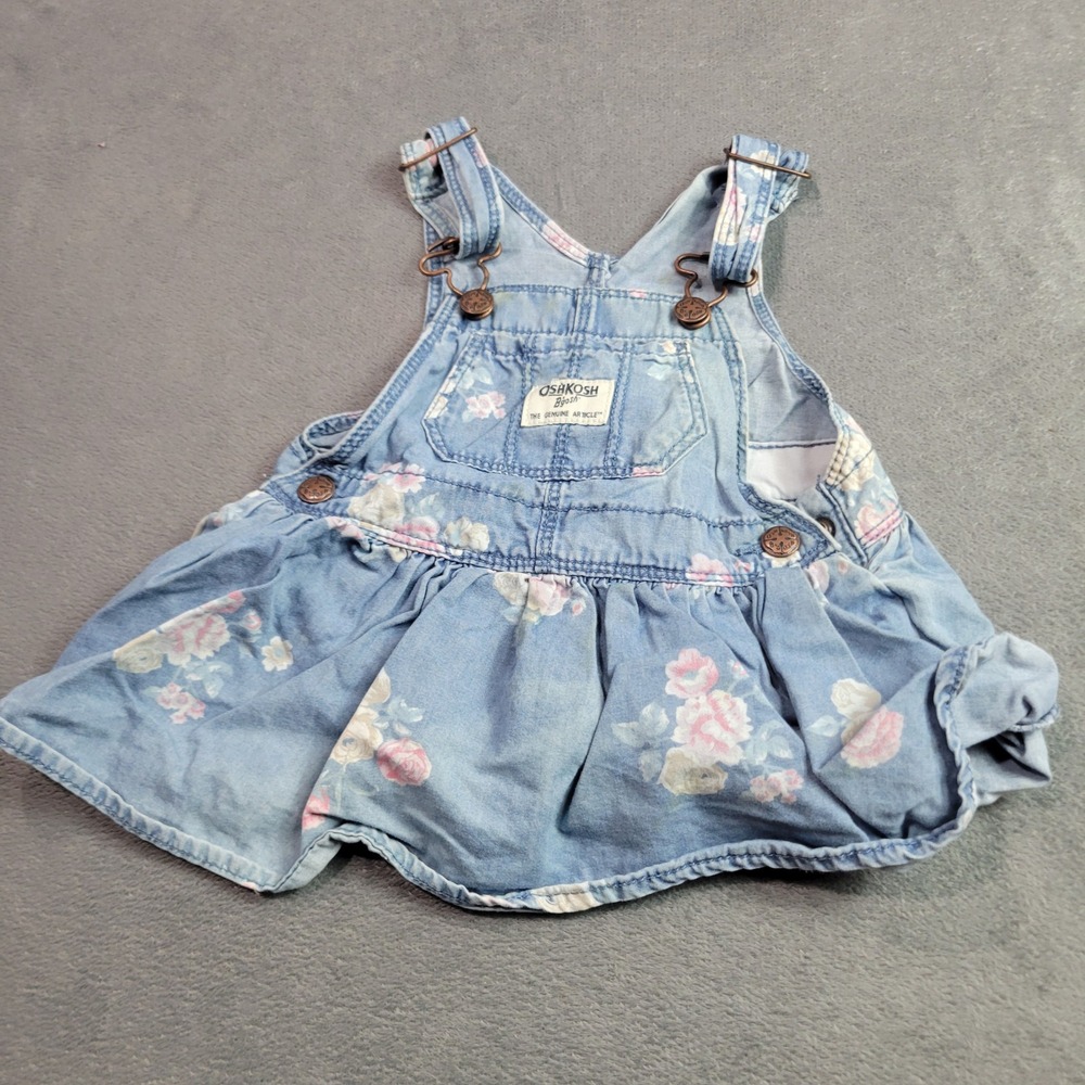OshKosh Jumper Dress Girls 9M Blue Floral‎ Denim Overall Skirt Vestbak 1K340710